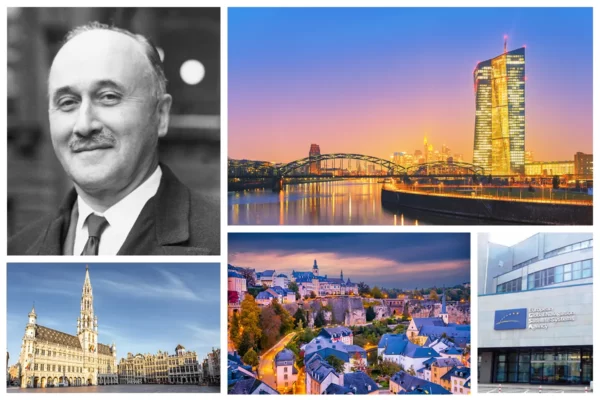 A photo collage of various EU scenes including a portrait photo of Jean Omer Marie Gabriel Monnet, the European Central Bank in Frankfurt, the city of Luxembourg, the city of Brussels and the EU Agency for the Space Programme EUSPA.